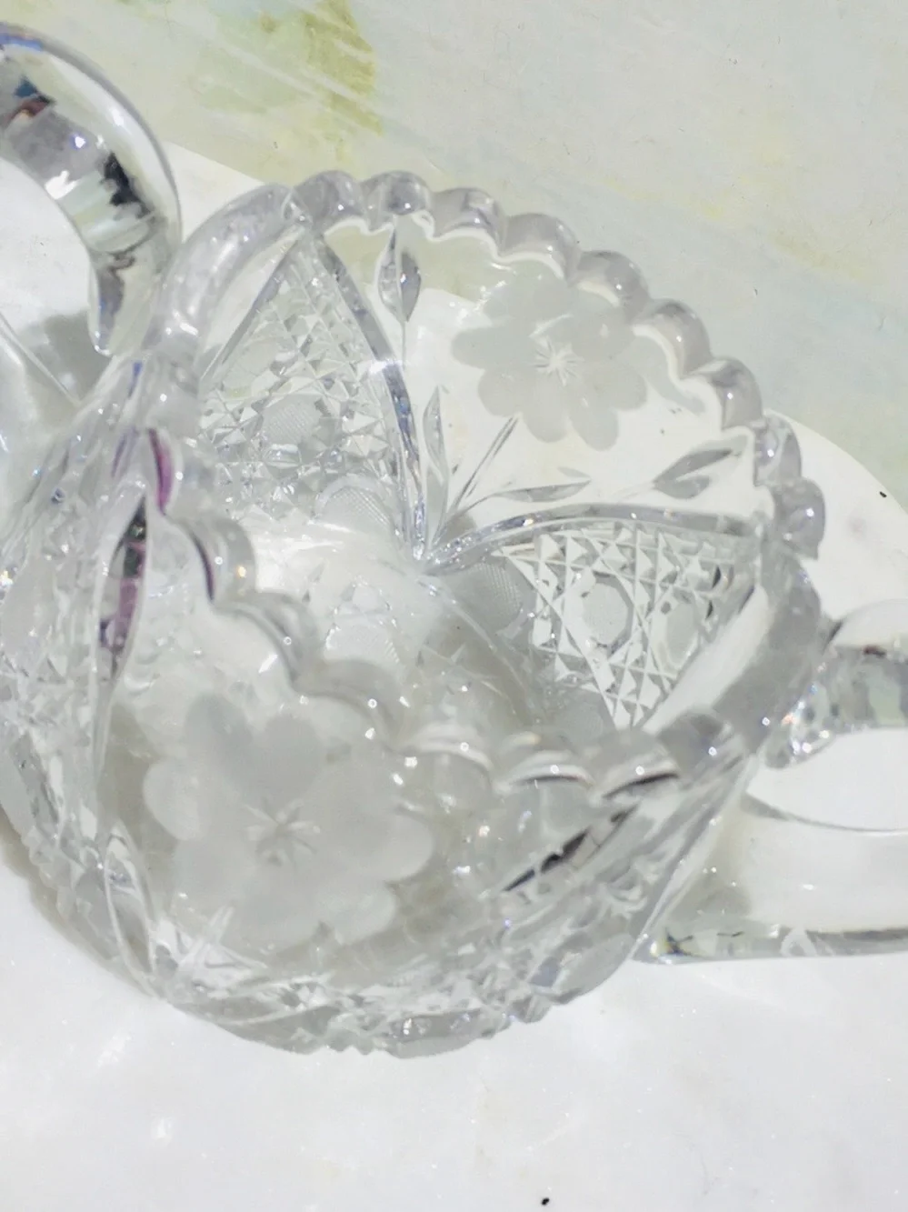 Vintage Mid-century  Early American  Pressed Glass Etched    Floral Sugar Bowl